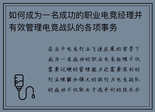 如何成为一名成功的职业电竞经理并有效管理电竞战队的各项事务